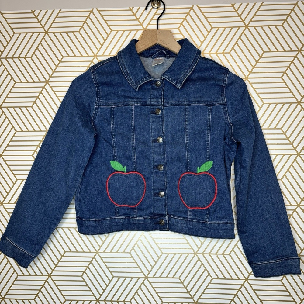 Gymboree Girls Denim Jean Jacket 12 HEAD OF THE CLASS Apples Embroidered Fall